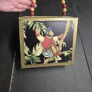 Monkey Print Cigar Box Handbag with Beaded Handle